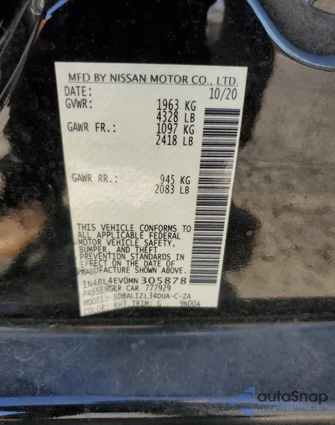 2021 Nissan Altima Sl из США, поврежденный, VIN 1N4BL4EV0MN305878